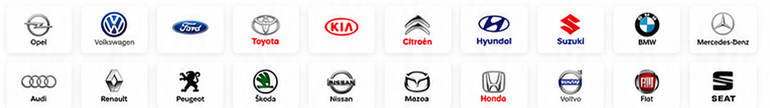 Opel, Volkswagen, Ford, Toyota, Kia, Citroën, Hyundai, Suzuki, BMW, Mercedes-Benz, Audi, Renault, Peugeot, Škoda, Nissan, Mazda, Honda, Volvo, Fiat és SEAT